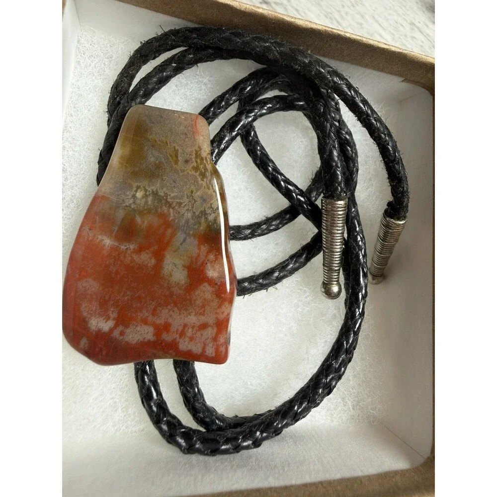 Handcrafted Natural Agate Jasper Stone Slab Bolo Tie Black Braided Leather Cord